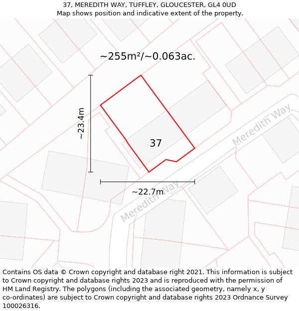 37, MEREDITH WAY, TUFFLEY, GLOUCESTER, GL4 0UD: Plot and title map