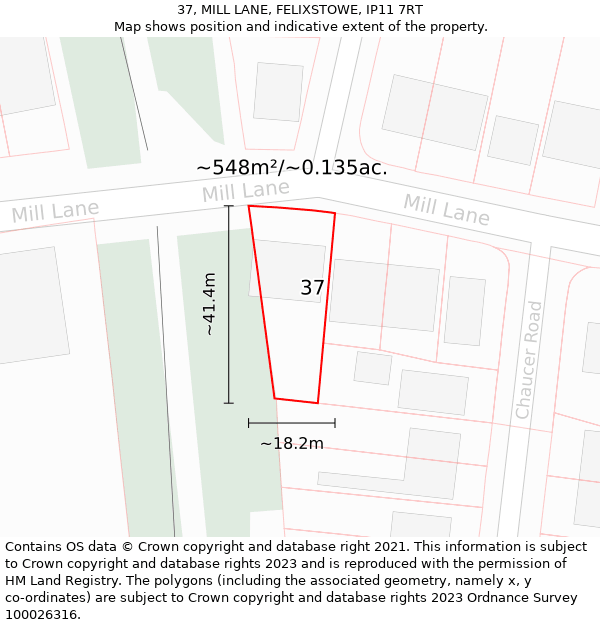 37, MILL LANE, FELIXSTOWE, IP11 7RT: Plot and title map