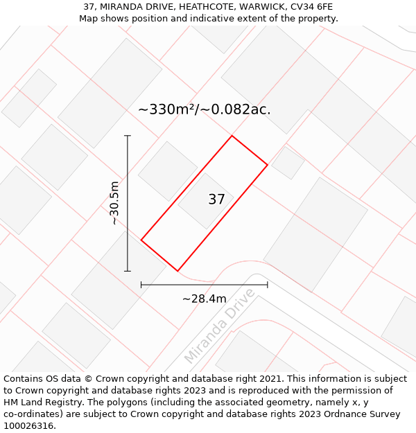 37, MIRANDA DRIVE, HEATHCOTE, WARWICK, CV34 6FE: Plot and title map