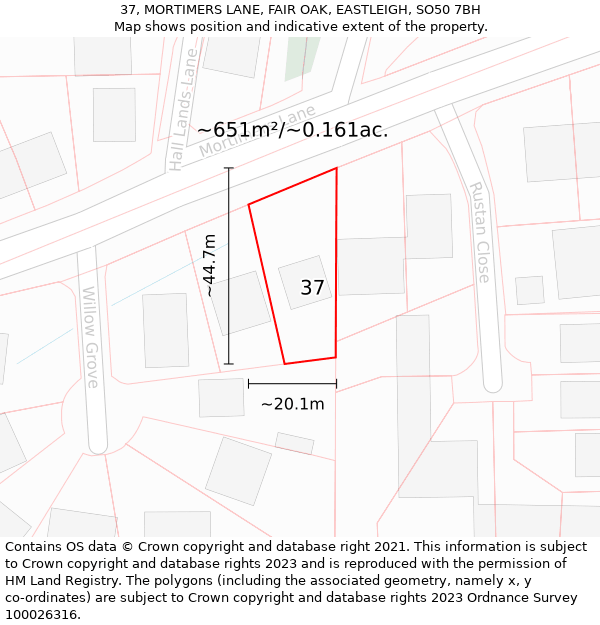 37, MORTIMERS LANE, FAIR OAK, EASTLEIGH, SO50 7BH: Plot and title map