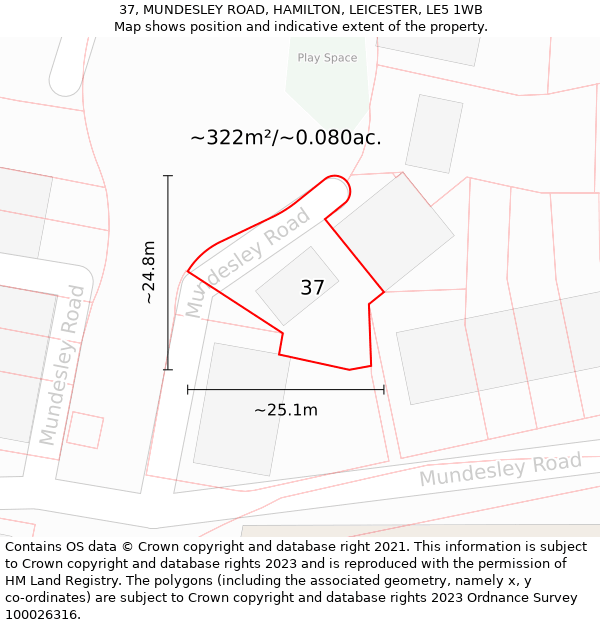 37, MUNDESLEY ROAD, HAMILTON, LEICESTER, LE5 1WB: Plot and title map