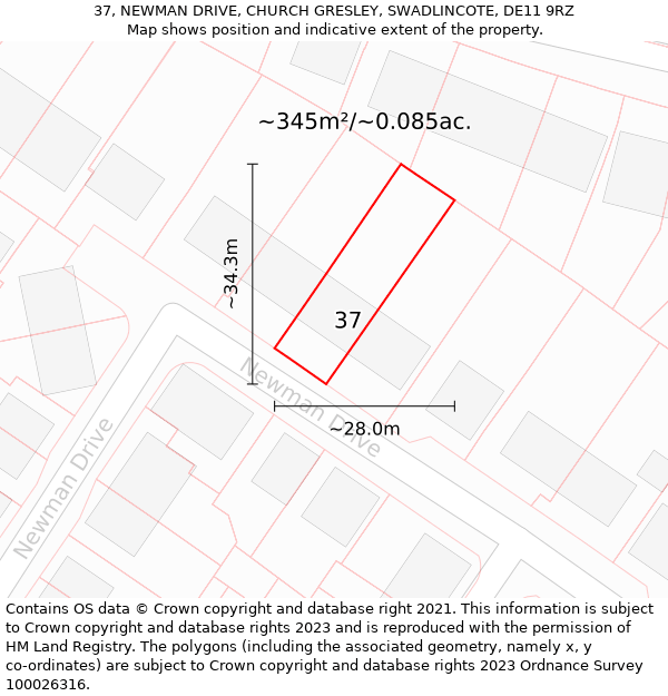 37, NEWMAN DRIVE, CHURCH GRESLEY, SWADLINCOTE, DE11 9RZ: Plot and title map