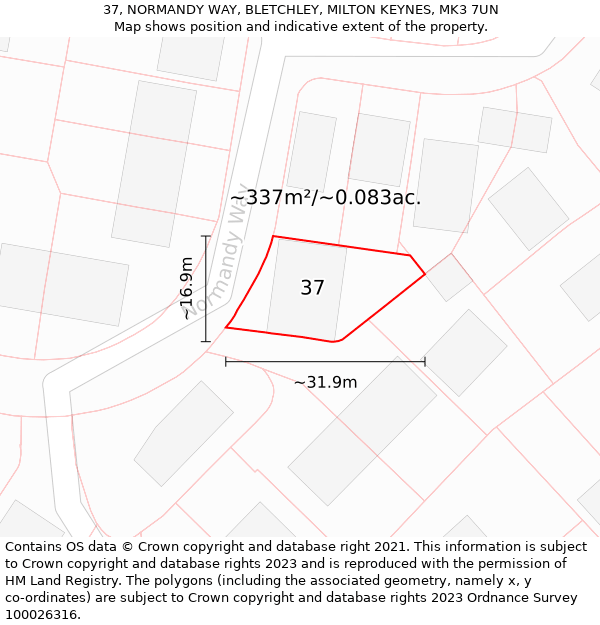 37, NORMANDY WAY, BLETCHLEY, MILTON KEYNES, MK3 7UN: Plot and title map