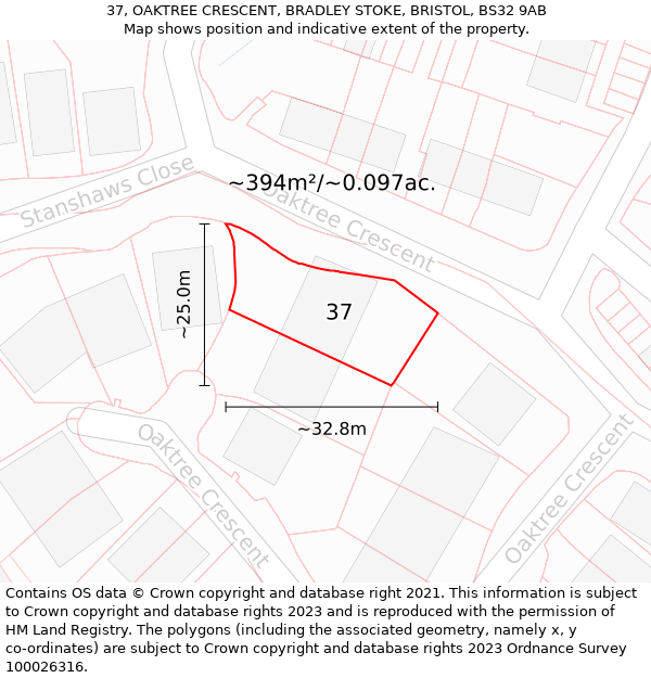 37, OAKTREE CRESCENT, BRADLEY STOKE, BRISTOL, BS32 9AB: Plot and title map