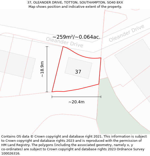 37, OLEANDER DRIVE, TOTTON, SOUTHAMPTON, SO40 8XX: Plot and title map