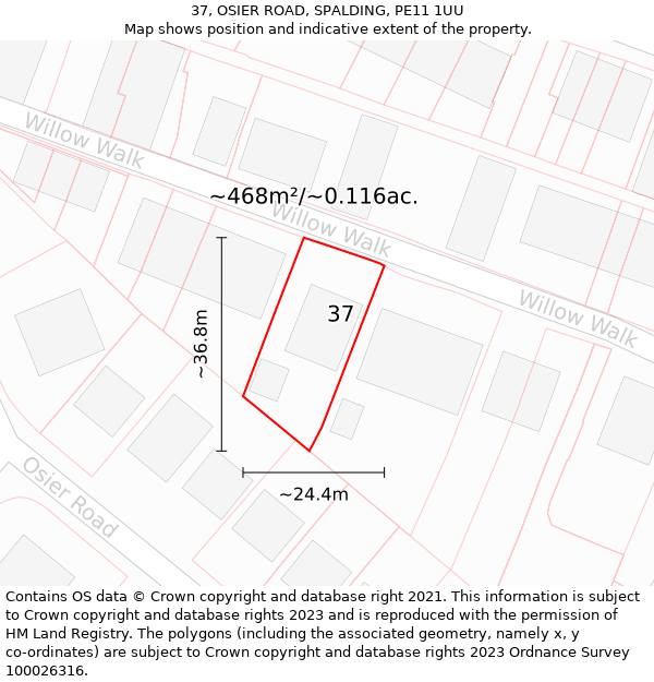 37, OSIER ROAD, SPALDING, PE11 1UU: Plot and title map