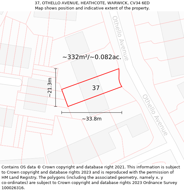 37, OTHELLO AVENUE, HEATHCOTE, WARWICK, CV34 6ED: Plot and title map