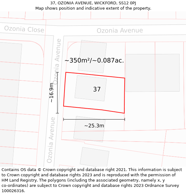 37, OZONIA AVENUE, WICKFORD, SS12 0PJ: Plot and title map