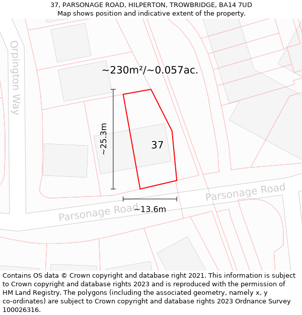 37, PARSONAGE ROAD, HILPERTON, TROWBRIDGE, BA14 7UD: Plot and title map