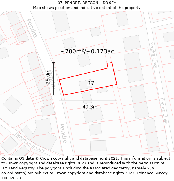 37, PENDRE, BRECON, LD3 9EA: Plot and title map