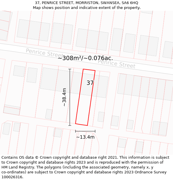 37, PENRICE STREET, MORRISTON, SWANSEA, SA6 6HQ: Plot and title map