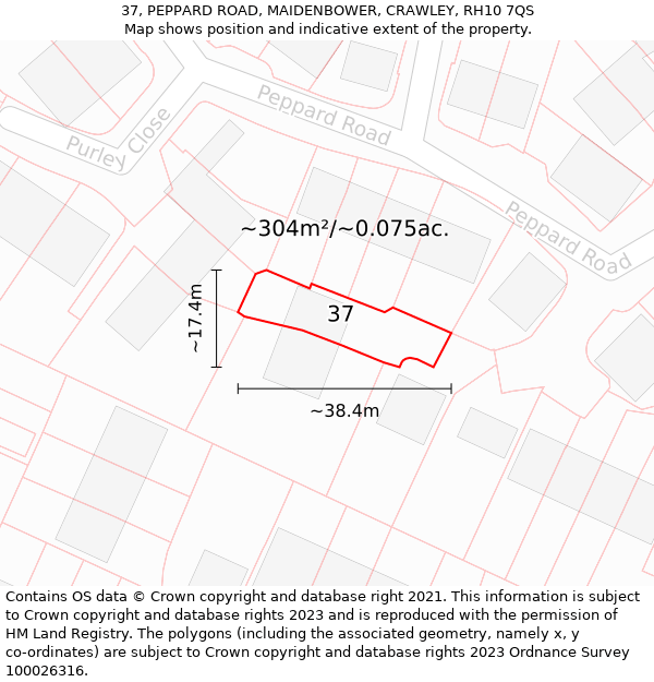 37, PEPPARD ROAD, MAIDENBOWER, CRAWLEY, RH10 7QS: Plot and title map