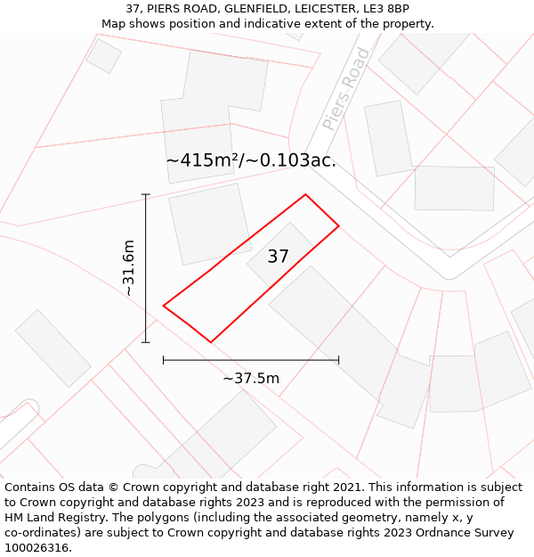 37, PIERS ROAD, GLENFIELD, LEICESTER, LE3 8BP: Plot and title map