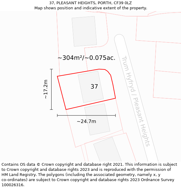 37, PLEASANT HEIGHTS, PORTH, CF39 0LZ: Plot and title map