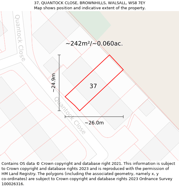 37, QUANTOCK CLOSE, BROWNHILLS, WALSALL, WS8 7EY: Plot and title map