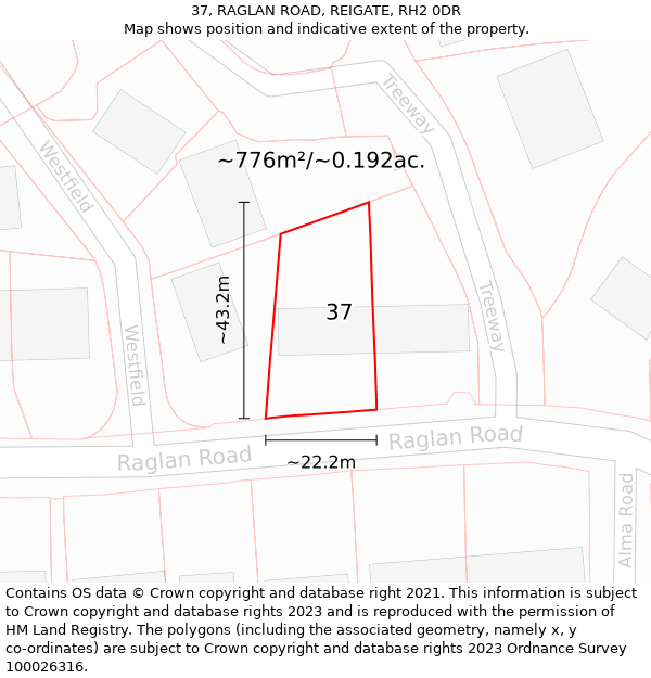 37, RAGLAN ROAD, REIGATE, RH2 0DR: Plot and title map