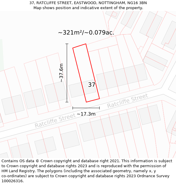 37, RATCLIFFE STREET, EASTWOOD, NOTTINGHAM, NG16 3BN: Plot and title map