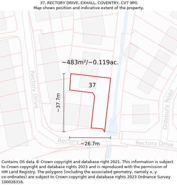 37, RECTORY DRIVE, EXHALL, COVENTRY, CV7 9PG: Plot and title map