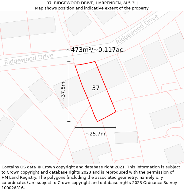 37, RIDGEWOOD DRIVE, HARPENDEN, AL5 3LJ: Plot and title map