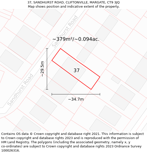 37, SANDHURST ROAD, CLIFTONVILLE, MARGATE, CT9 3JQ: Plot and title map