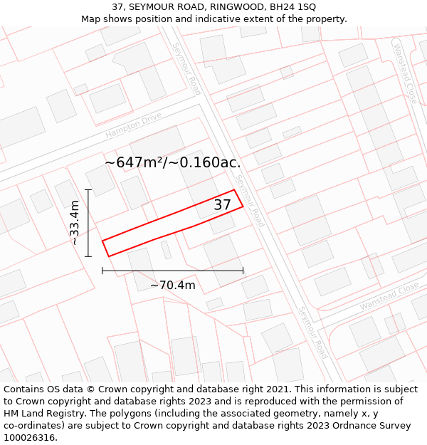 37, SEYMOUR ROAD, RINGWOOD, BH24 1SQ: Plot and title map