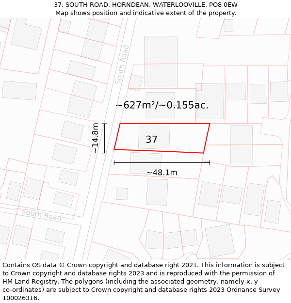 37, SOUTH ROAD, HORNDEAN, WATERLOOVILLE, PO8 0EW: Plot and title map