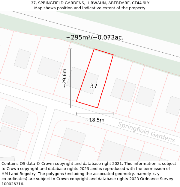 37, SPRINGFIELD GARDENS, HIRWAUN, ABERDARE, CF44 9LY: Plot and title map