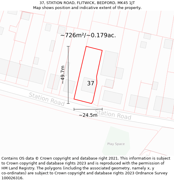 37, STATION ROAD, FLITWICK, BEDFORD, MK45 1JT: Plot and title map