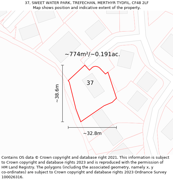 37, SWEET WATER PARK, TREFECHAN, MERTHYR TYDFIL, CF48 2LF: Plot and title map