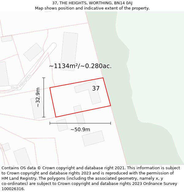 37, THE HEIGHTS, WORTHING, BN14 0AJ: Plot and title map