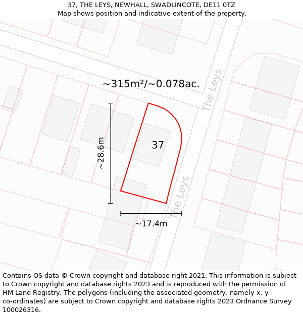 37, THE LEYS, NEWHALL, SWADLINCOTE, DE11 0TZ: Plot and title map