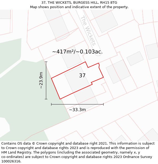 37, THE WICKETS, BURGESS HILL, RH15 8TG: Plot and title map