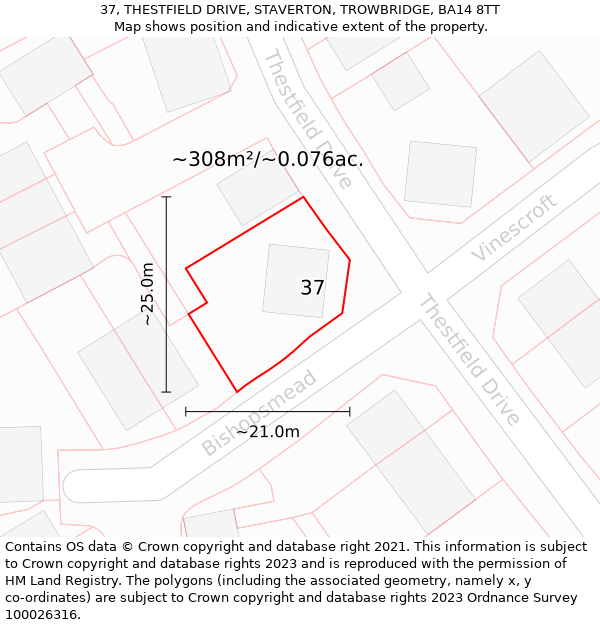 37, THESTFIELD DRIVE, STAVERTON, TROWBRIDGE, BA14 8TT: Plot and title map