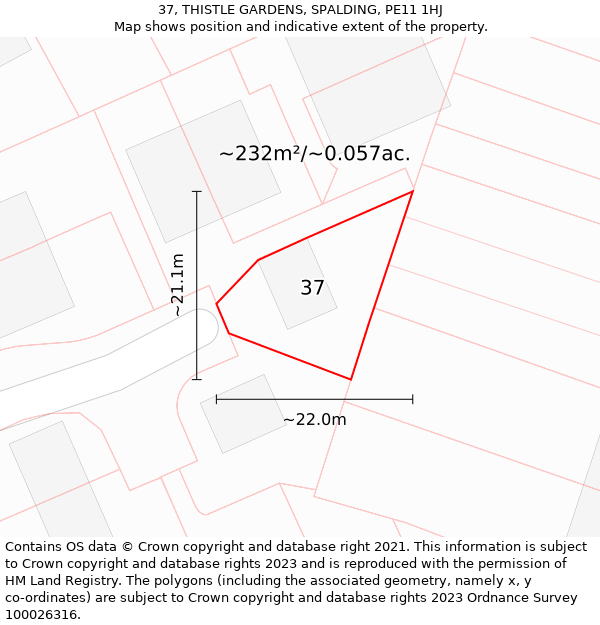 37, THISTLE GARDENS, SPALDING, PE11 1HJ: Plot and title map