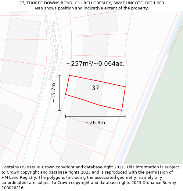 37, THORPE DOWNS ROAD, CHURCH GRESLEY, SWADLINCOTE, DE11 9FB: Plot and title map