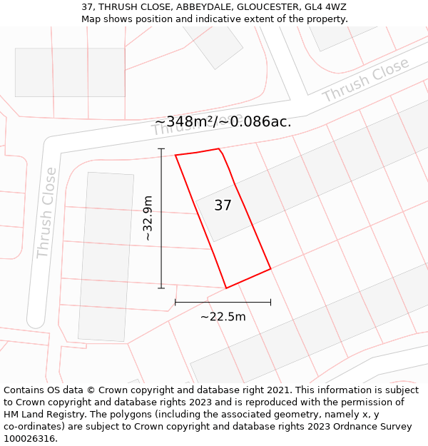 37, THRUSH CLOSE, ABBEYDALE, GLOUCESTER, GL4 4WZ: Plot and title map