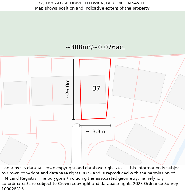 37, TRAFALGAR DRIVE, FLITWICK, BEDFORD, MK45 1EF: Plot and title map