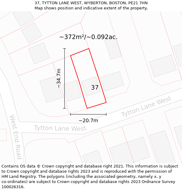 37, TYTTON LANE WEST, WYBERTON, BOSTON, PE21 7HN: Plot and title map