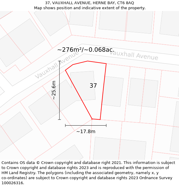 37, VAUXHALL AVENUE, HERNE BAY, CT6 8AQ: Plot and title map