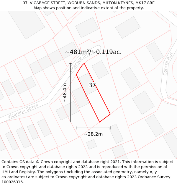 37, VICARAGE STREET, WOBURN SANDS, MILTON KEYNES, MK17 8RE: Plot and title map