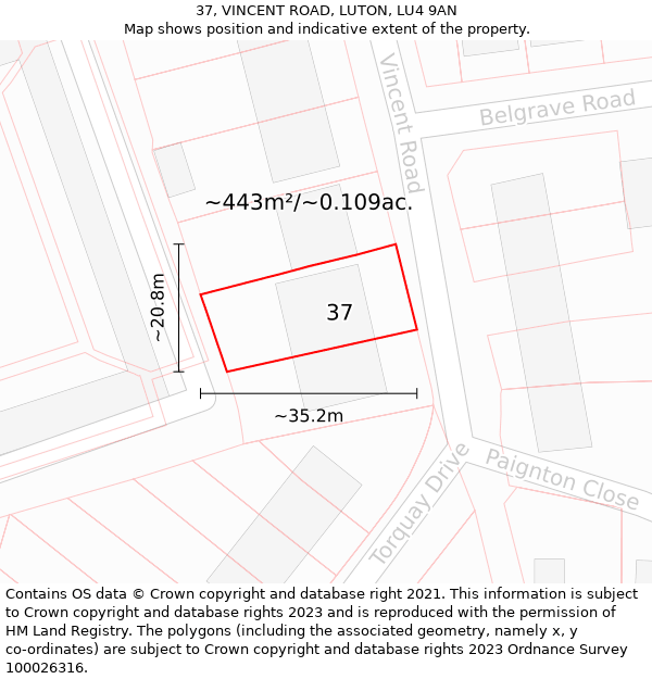 37, VINCENT ROAD, LUTON, LU4 9AN: Plot and title map