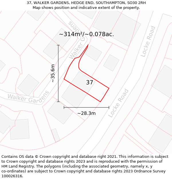 37, WALKER GARDENS, HEDGE END, SOUTHAMPTON, SO30 2RH: Plot and title map