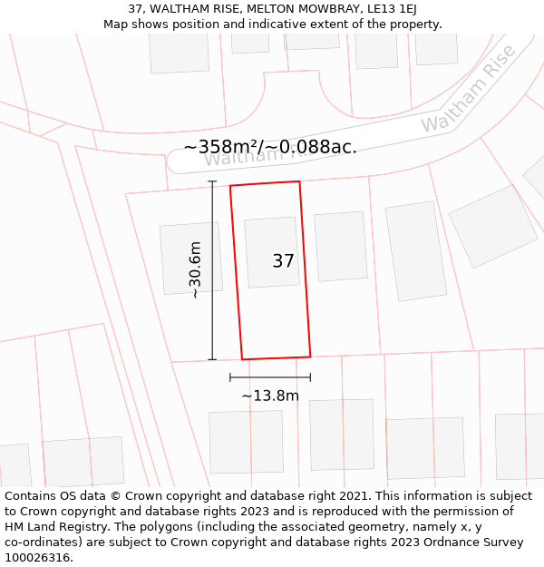 37, WALTHAM RISE, MELTON MOWBRAY, LE13 1EJ: Plot and title map