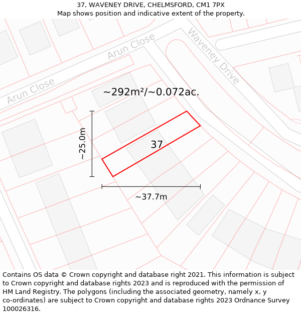 37, WAVENEY DRIVE, CHELMSFORD, CM1 7PX: Plot and title map