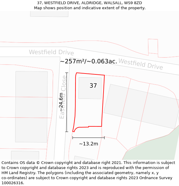 37, WESTFIELD DRIVE, ALDRIDGE, WALSALL, WS9 8ZD: Plot and title map