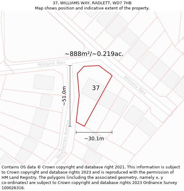 37, WILLIAMS WAY, RADLETT, WD7 7HB: Plot and title map