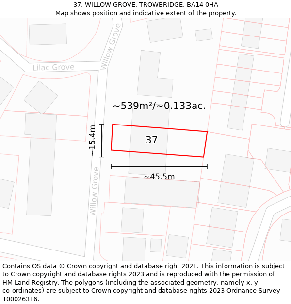 37, WILLOW GROVE, TROWBRIDGE, BA14 0HA: Plot and title map