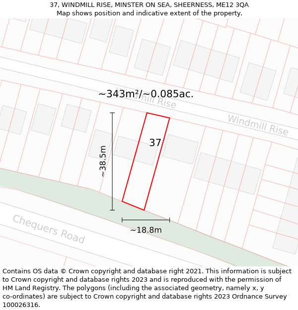37, WINDMILL RISE, MINSTER ON SEA, SHEERNESS, ME12 3QA: Plot and title map