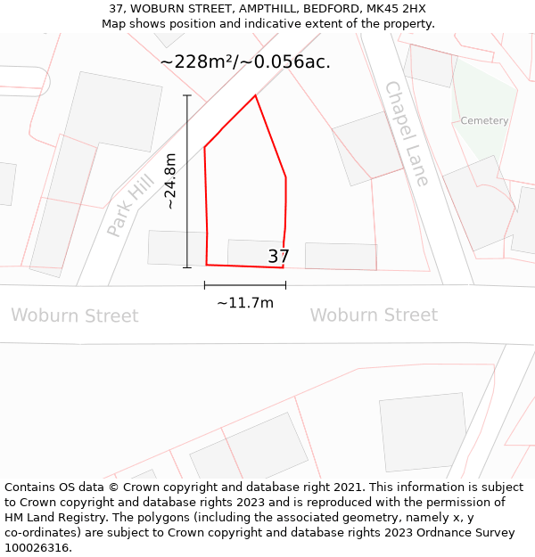 37, WOBURN STREET, AMPTHILL, BEDFORD, MK45 2HX: Plot and title map