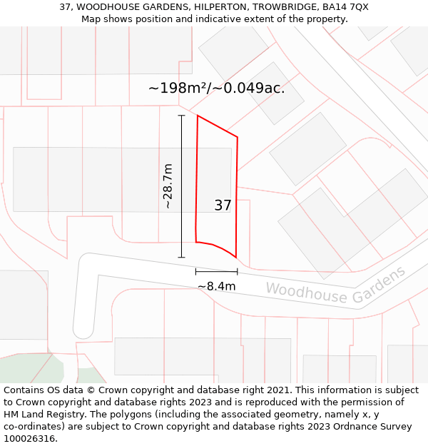 37, WOODHOUSE GARDENS, HILPERTON, TROWBRIDGE, BA14 7QX: Plot and title map